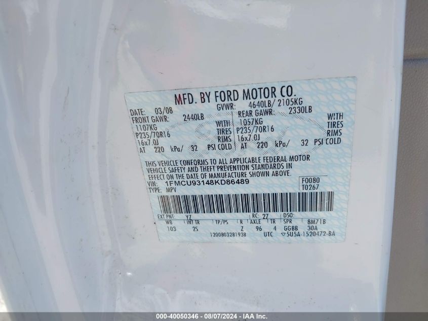 2008 Ford Escape Xlt VIN: 1FMCU93148KD86489 Lot: 40050346