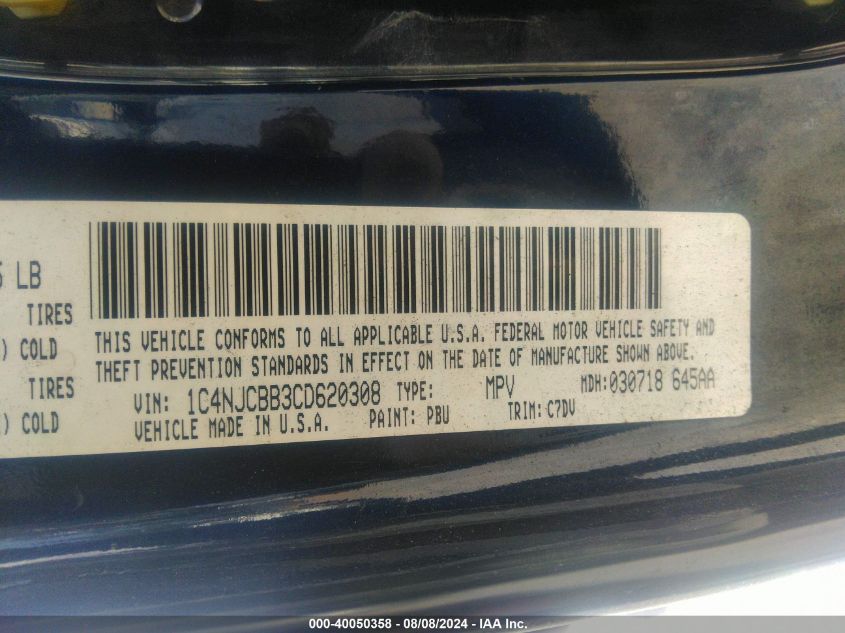2012 Jeep Compass Sport VIN: 1C4NJCBB3CD620308 Lot: 40050358