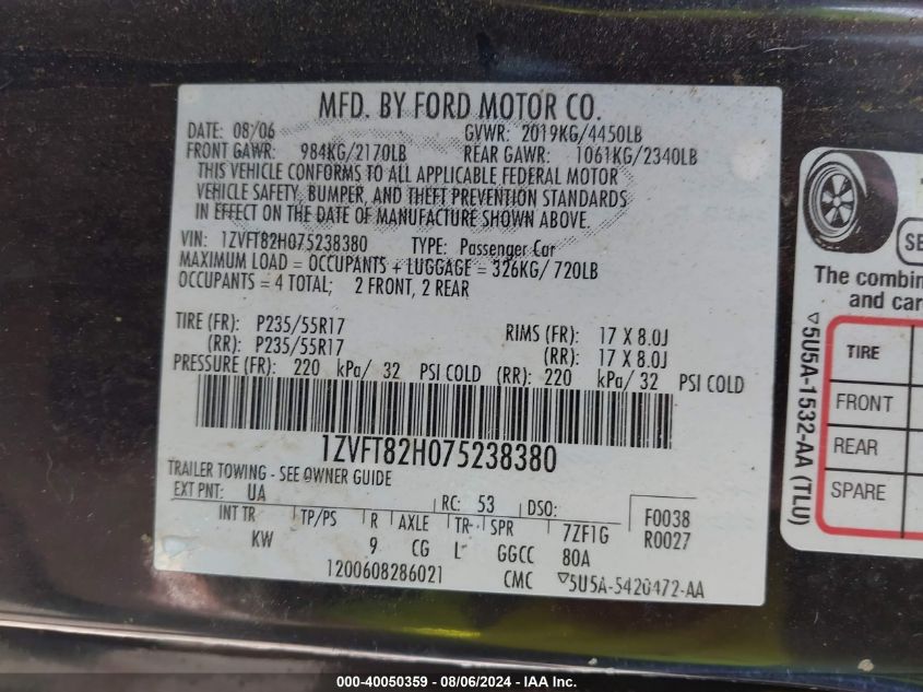 2007 Ford Mustang Gt Deluxe/Gt Premium VIN: 1ZVFT82H075238380 Lot: 40050359