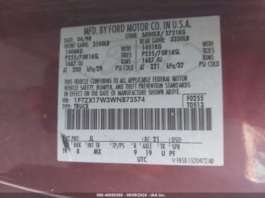 1998 Ford F-150 Lariat/Standard/Xl/Xlt VIN: 1FTZX17W3WNB73574 Lot: 40050385