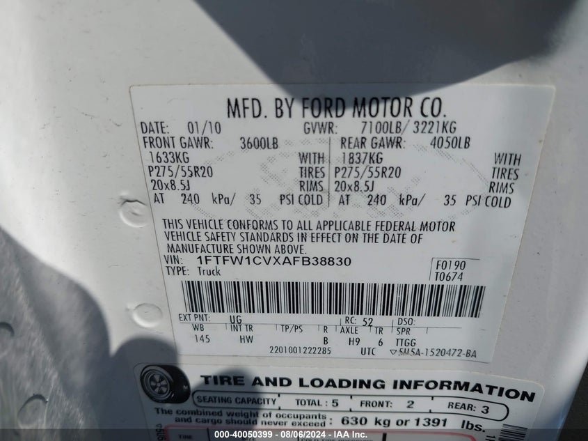 2010 Ford F-150 Fx2 Sport/Harley-Davidson/King Ranch/Lariat/Platinum/Xl/Xlt VIN: 1FTFW1CVXAFB38830 Lot: 40050399