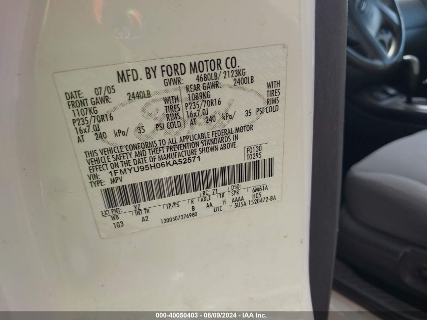 2006 Ford Escape Hybrid VIN: 1FMYU95H06KA52571 Lot: 40050403