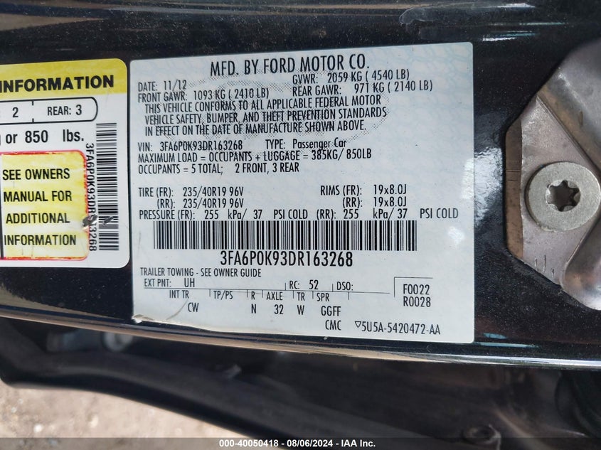 2013 Ford Fusion Titanium VIN: 3FA6P0K93DR163268 Lot: 40050418