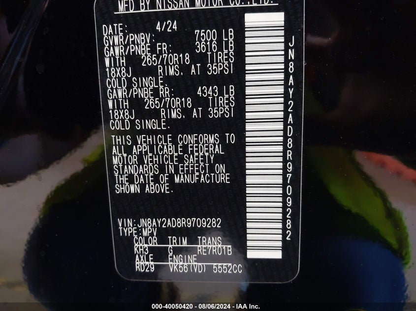 2024 Nissan Armada Sv 4Wd VIN: JN8AY2AD8R9709282 Lot: 40050420