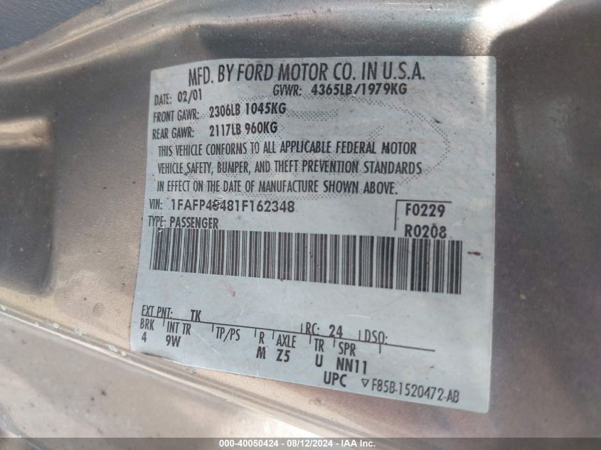 2001 Ford Mustang VIN: 1FAFP40481F162348 Lot: 40050424