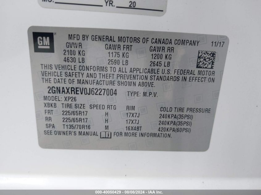 2018 Chevrolet Equinox Ls VIN: 2GNAXREV0J6227004 Lot: 40050429