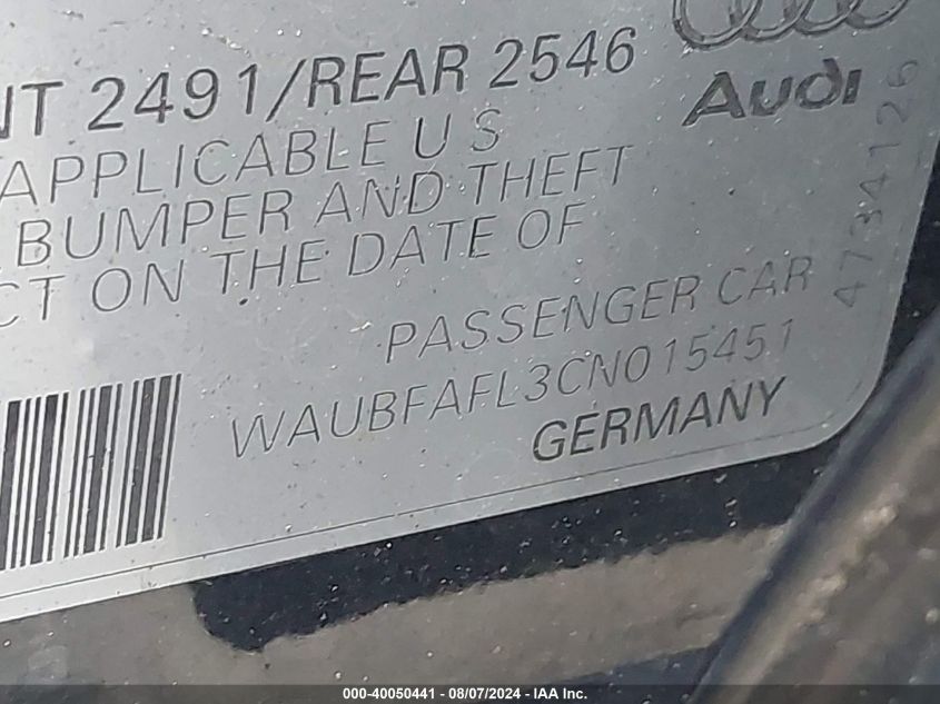 2012 Audi A4 2.0T Premium VIN: WAUBFAFL3CN015451 Lot: 40050441