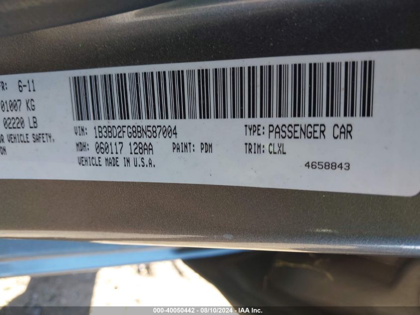 2011 Dodge Avenger Lux VIN: 1B3BD2FG8BN587004 Lot: 40050442