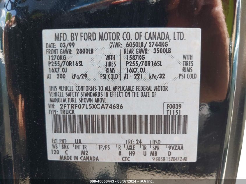 1999 Ford F-150 Xl/Xlt/Lariat VIN: 2FTRF07L5XCA74636 Lot: 40050443