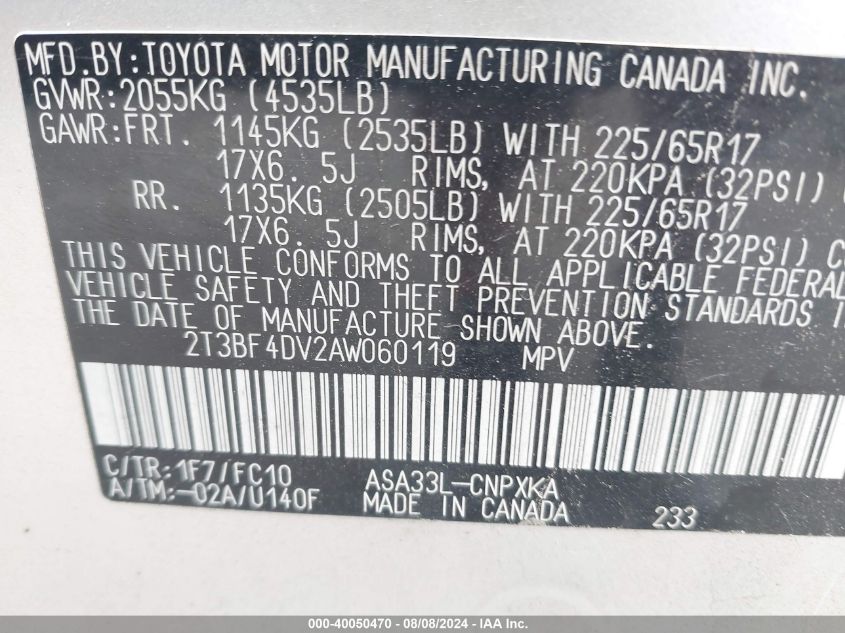 2010 Toyota Rav4 VIN: 2T3BF4DV2AW060119 Lot: 40050470