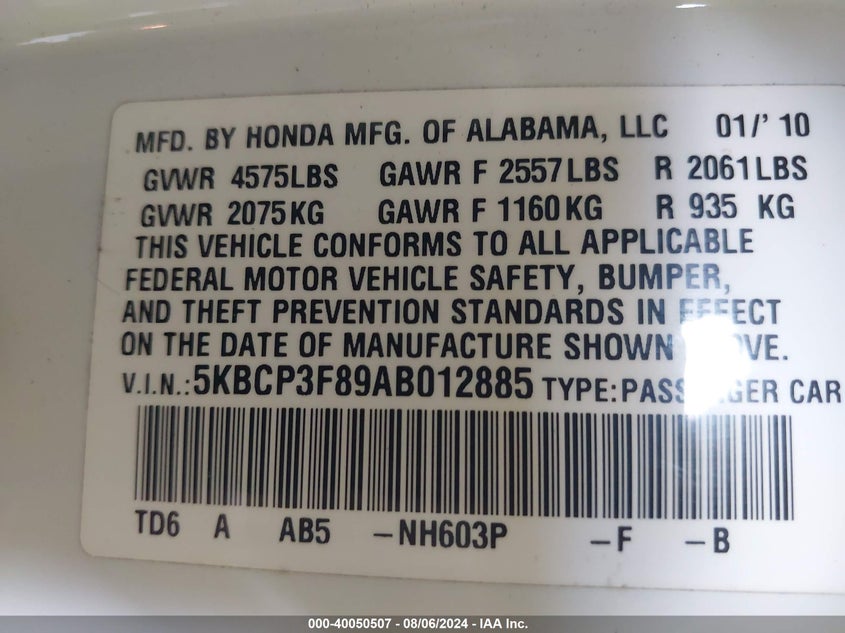2010 Honda Accord 3.5 Ex-L VIN: 5KBCP3F89AB012885 Lot: 40050507