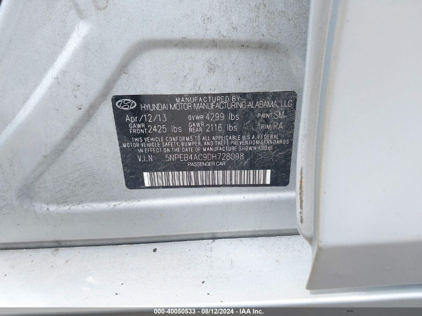 2013 Hyundai Sonata Gls VIN: 5NPEB4AC9DH728098 Lot: 40050533