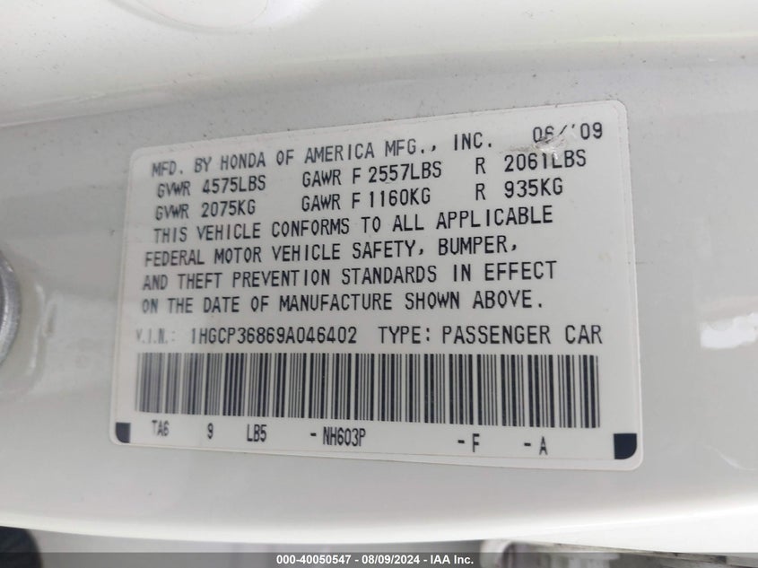 2009 Honda Accord 3.5 Ex-L VIN: 1HGCP36869A046402 Lot: 40050547
