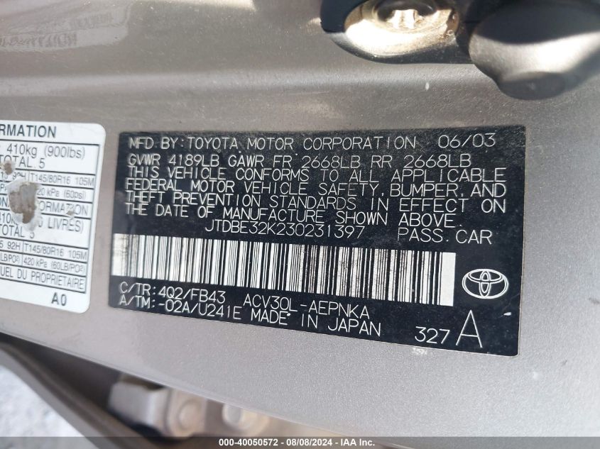 2003 Toyota Camry Le VIN: JTDBE32K230231397 Lot: 40049966