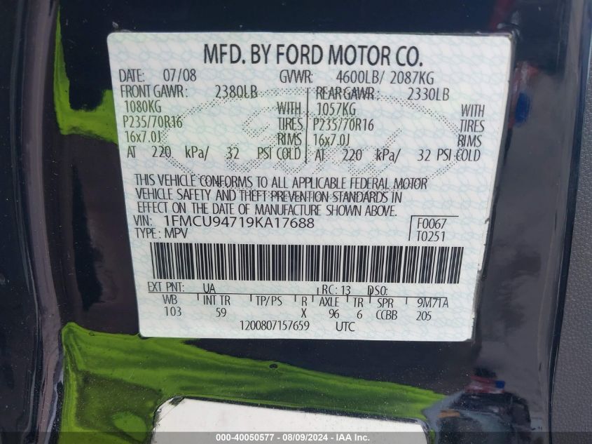 2009 Ford Escape Limited VIN: 1FMCU94719KA17688 Lot: 40050577
