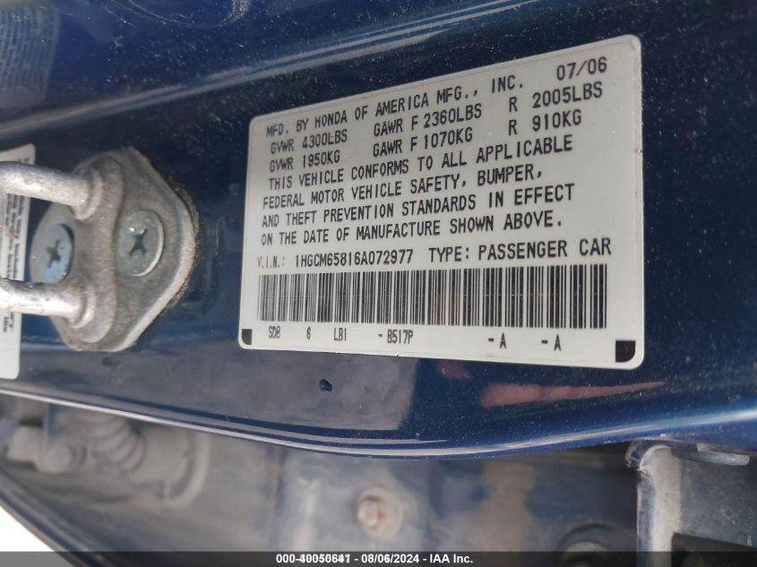2006 Honda Accord 3.0 Ex VIN: 1HGCM65816A072977 Lot: 40050641