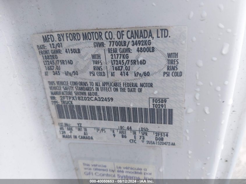 2002 Ford F-150 Lariat/Xl/Xlt VIN: 2FTPX18Z02CA32459 Lot: 40050653