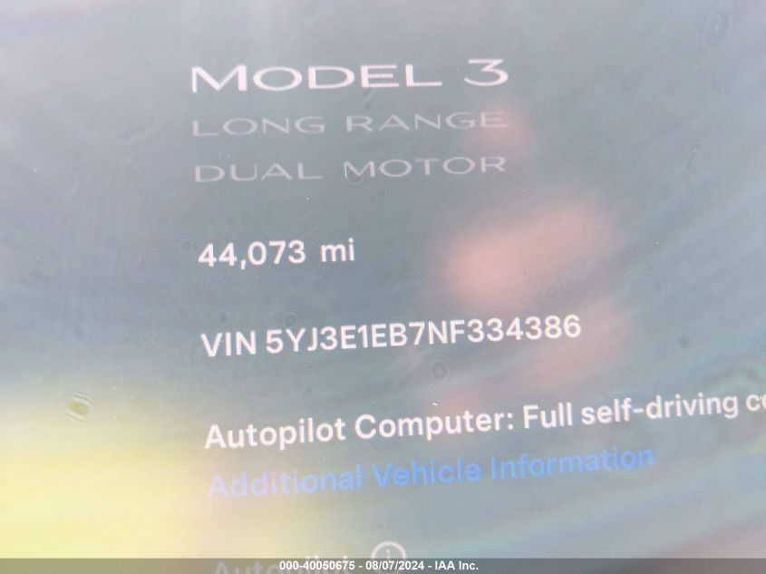 2022 Tesla Model 3 Long Range Dual Motor All-Wheel Drive VIN: 5YJ3E1EB7NF334386 Lot: 40050675