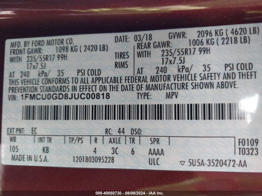 VIN 1FMCU0GD8JUC00818 2018 FORD ESCAPE SE