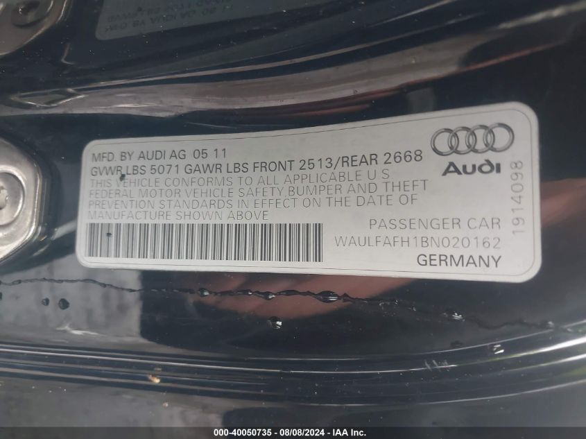 2011 Audi A5 2.0T Premium VIN: WAULFAFH1BN020162 Lot: 40050735