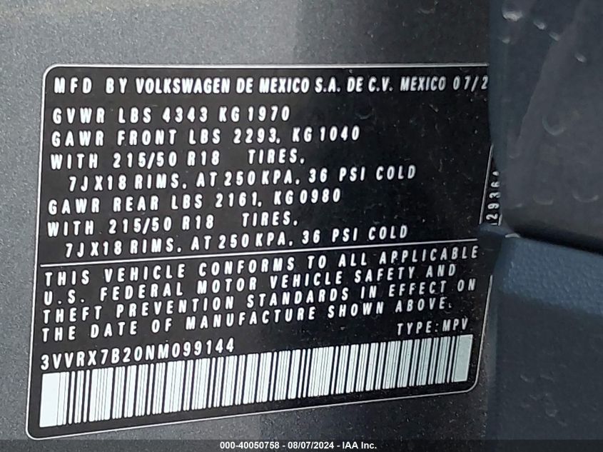 2022 Volkswagen Taos Se VIN: 3VVRX7B20NM099144 Lot: 40050758