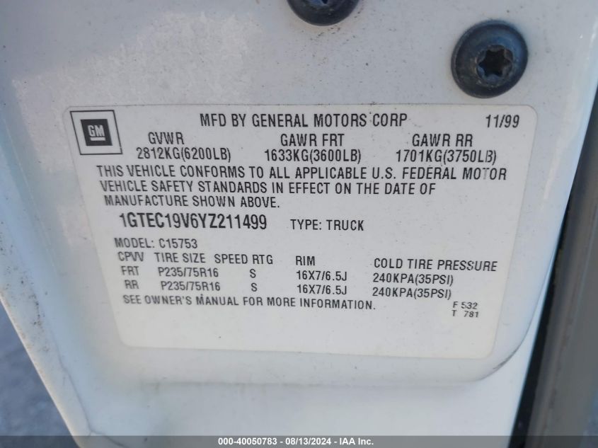 2000 GMC Sierra 1500 Sle VIN: 2GTEK19T5Y1201668 Lot: 40050783