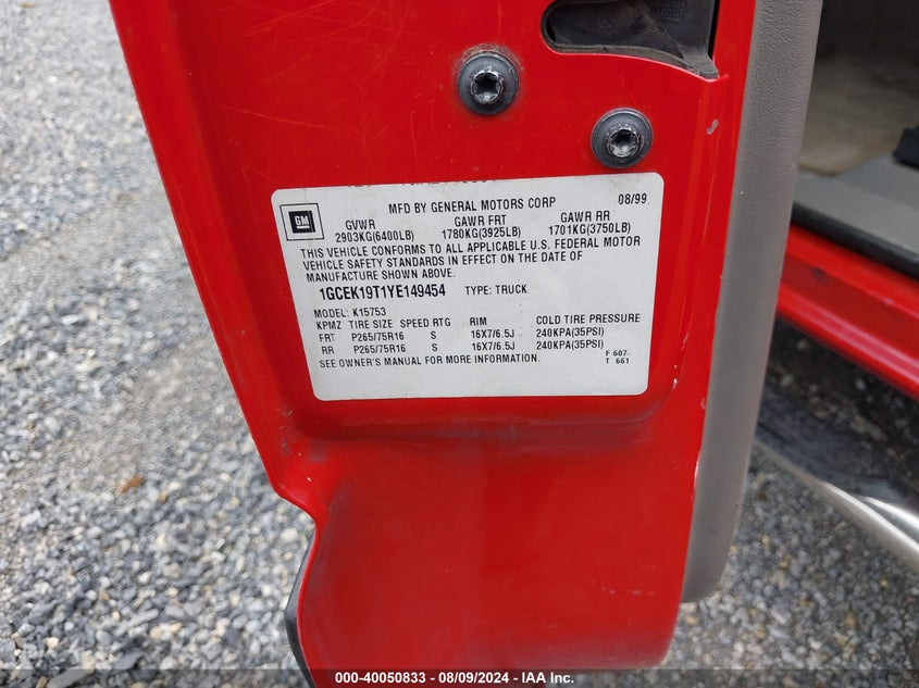 2000 Chevrolet Silverado 1500 Ls VIN: 1GCEK19T1YE149454 Lot: 40050833