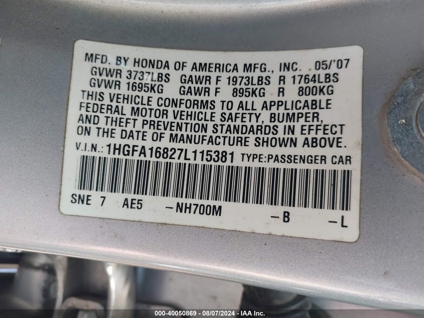 2007 Honda Civic Ex VIN: 1HGFA16827L115381 Lot: 40050869
