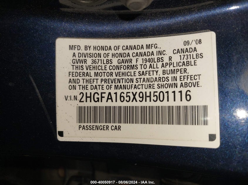 2009 Honda Civic Lx VIN: 2HGFA165X9H501116 Lot: 40050917