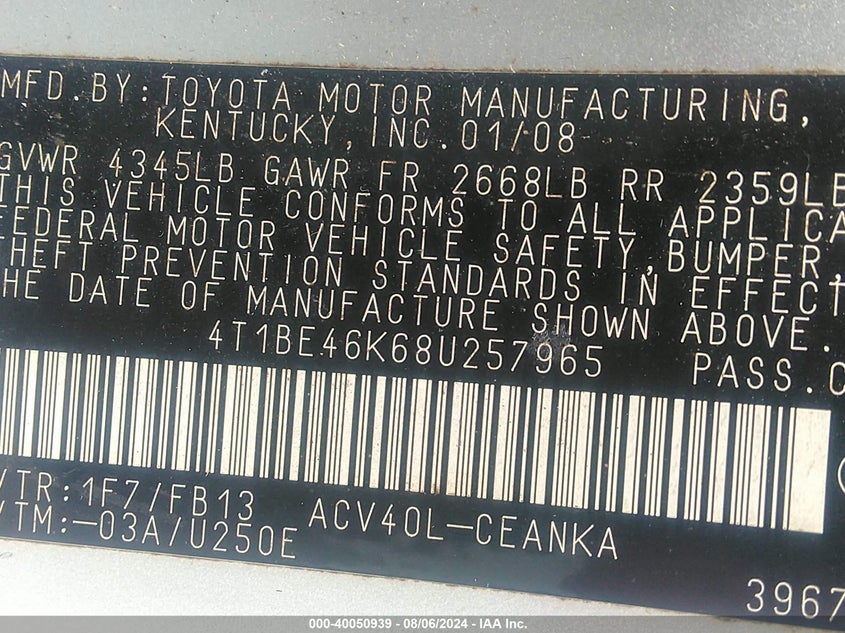 2008 Toyota Camry Le VIN: 4T1BE46K68U257965 Lot: 40050939