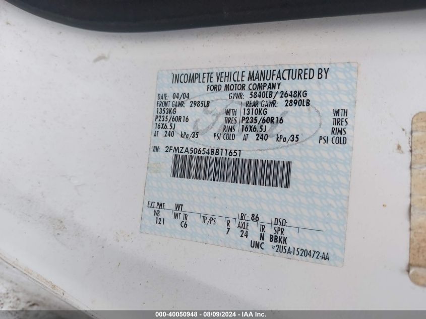 2004 Ford Freestar S VIN: 2FMZA50654BB11651 Lot: 40050948