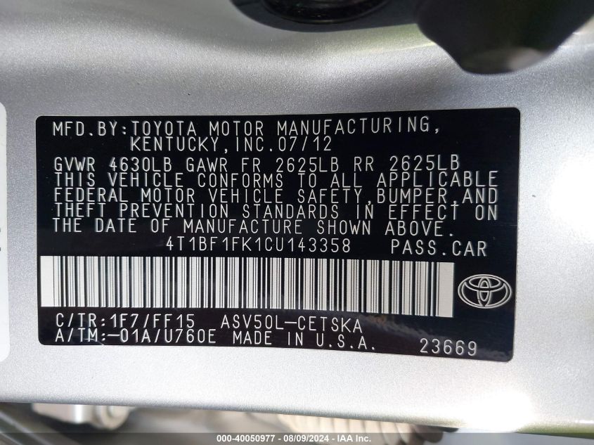 2012 Toyota Camry Se VIN: 4T1BF1FK1CU143358 Lot: 40050977