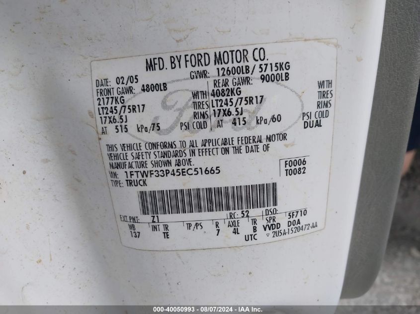 2005 Ford F-350 Xl/Xlt VIN: 1FTWF33P45EC51665 Lot: 40050993