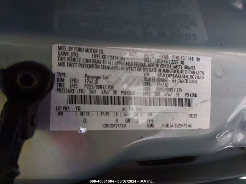 2013 Ford C-Max Se VIN: 1FADP5AU5DL507059 Lot: 40051004