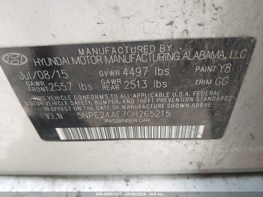 2016 Hyundai Sonata Se VIN: 5NPE24AF7GH265215 Lot: 40051037