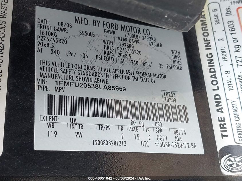 2008 Ford Expedition Limited VIN: 1FMFU20538LA85959 Lot: 40051042