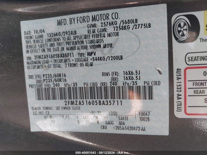 2005 Ford Freestar Se VIN: 2FMZA51605BA35711 Lot: 40051043