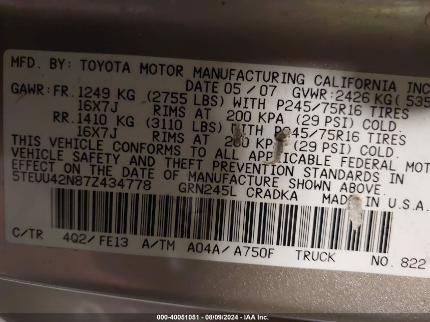 5TEUU42N87Z434778 2007 Toyota Tacoma Base V6