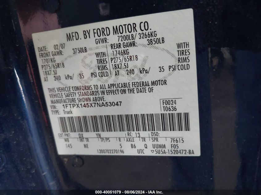2007 Ford F-150 Fx4/Lariat/Xl/Xlt VIN: 1FTPX145X7NA53047 Lot: 40051079