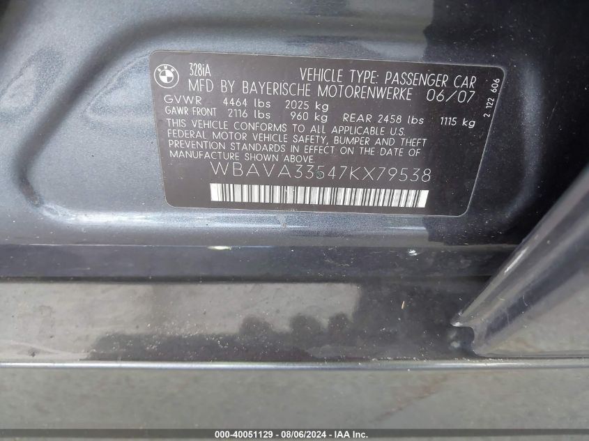 2007 BMW 328I VIN: WBAVA33547KX79538 Lot: 40051129