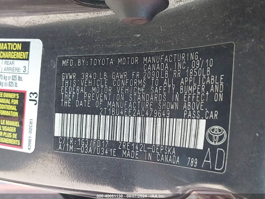 2010 Toyota Corolla S VIN: 2T1BU4EE2AC479649 Lot: 40051138