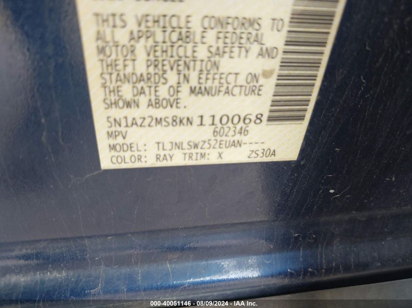 2019 Nissan Murano Platinum VIN: 5N1AZ2MS8KN110068 Lot: 40051146