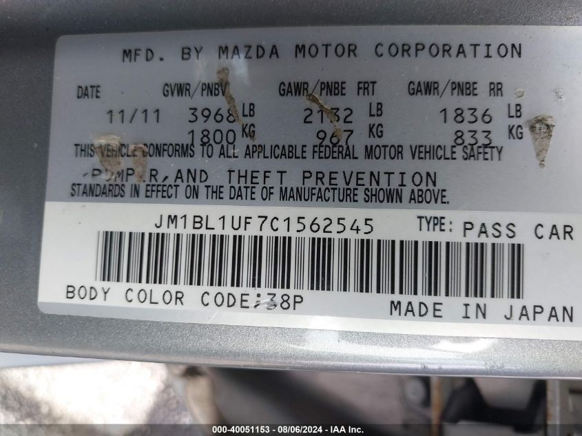 2012 Mazda Mazda3 I Sport VIN: JM1BL1UF7C1562545 Lot: 40051153