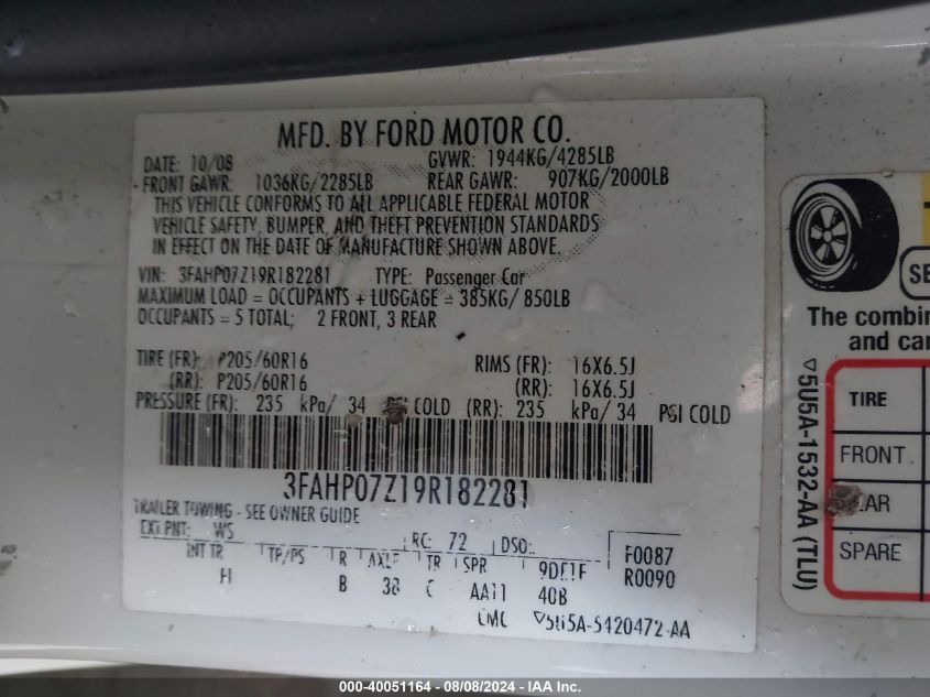 2009 Ford Fusion Se VIN: 3FAHP07Z19R182281 Lot: 40051164