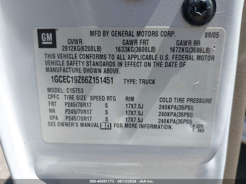 2006 Chevrolet Silverado 1500 Lt1 VIN: 1GCEC19Z66Z151451 Lot: 40051173