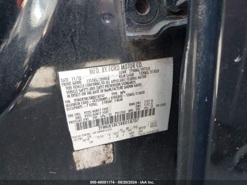 2011 Ford Flex Se VIN: 2FMGK5BC5BBD18707 Lot: 40051174