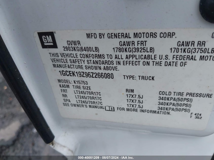 2006 Chevrolet Silverado 1500 Work Truck VIN: 1GCEK19Z96Z266080 Lot: 40051209