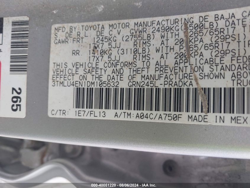 2013 Toyota Tacoma Base V6 VIN: 3TMLU4EN1DM105632 Lot: 40051220