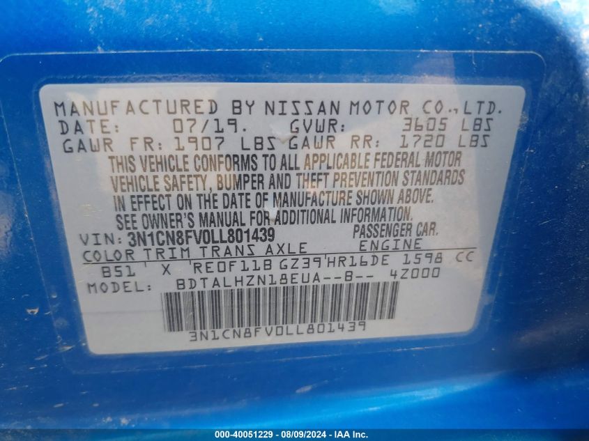 2020 Nissan Versa Sr Xtronic Cvt VIN: 3N1CN8FV0LL801439 Lot: 40051229