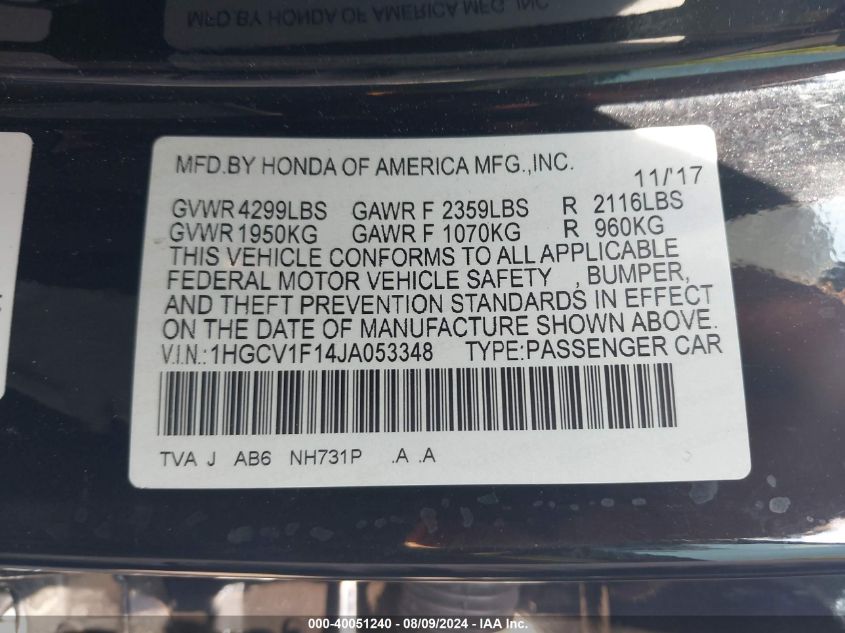 1HGCV1F14JA053348 2018 Honda Accord Lx